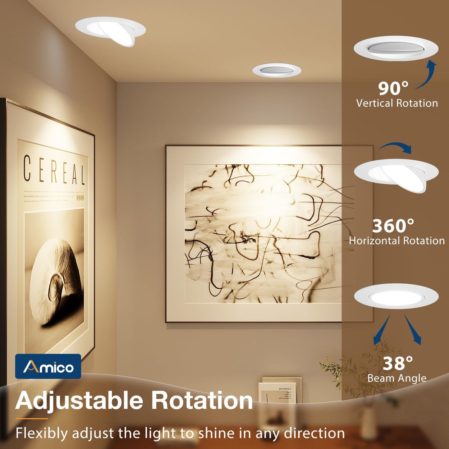 Amico 4 Pack 6 Inch 5CCT Gimbal LED Recessed Lighting, 360°&90° Adjustable Eyeball Directional Downlight, Dimmable, 2700K/3000K/3500K/4000K/5000K Selectable, CRI90+ 12W 1200LM, ETL&FCC