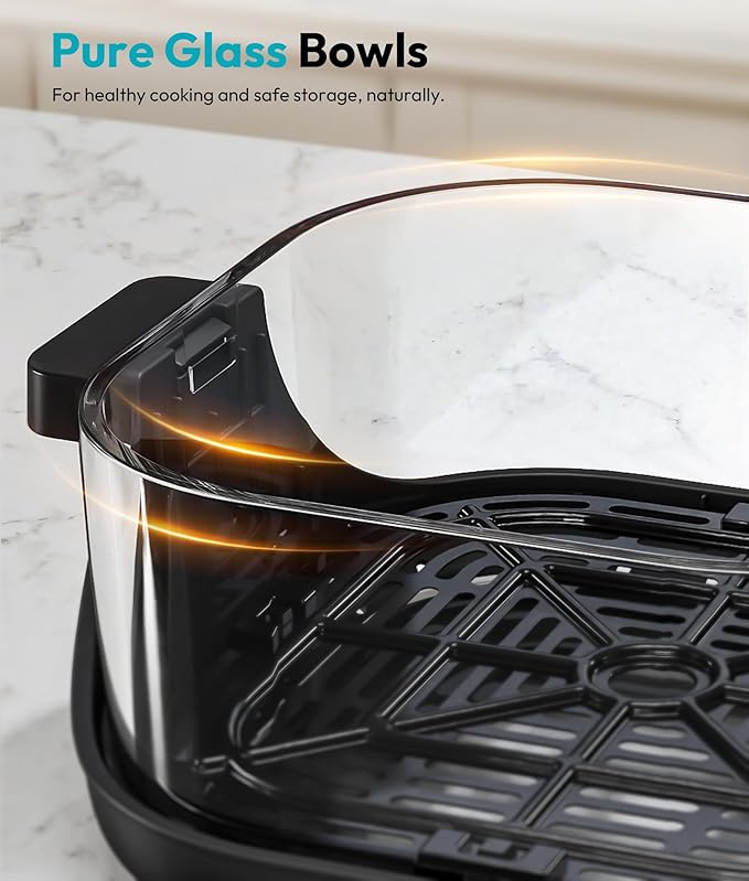 4-in-1 Portable Glass Air Fryer - 1500W, 4.2QT & 6 Cup Dual Containers, 140°F–400°F Temp Range, Microwave, Freezer & Dishwasher Safe, Grey