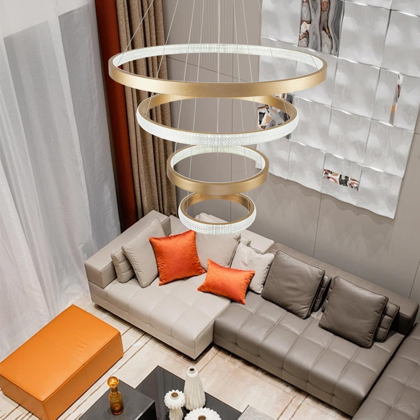 Gold Crystal Chandelier 4 Ring Modern Led Crystal Chandelier Light Fixture Ceiling Hanging stylish Large 31.5 Inch Dimmable Modern Ceiling Light Fixtures Led Pendant Lighting With Remote Control