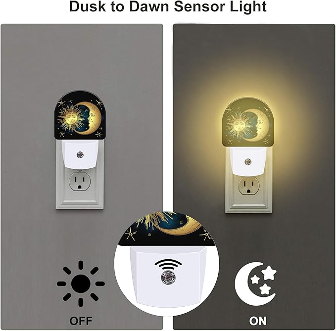 Crescent Moon and Stars Night Light Plug into Wall,Boho Sun Moon Dusk to Dawn Night Light Plug in,0.5w Energy Saving Sleep Friendly NightLight for Kids Boys Girls Home Decor