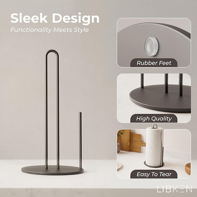 Paper Towel Holder for Kitchen, Black Powder Coated Steel, 2.4 lb Extra Heavy Base for Stability, Easy Assembly, Free-Standing Paper Towel Stand, Minimal Scandinavian Design