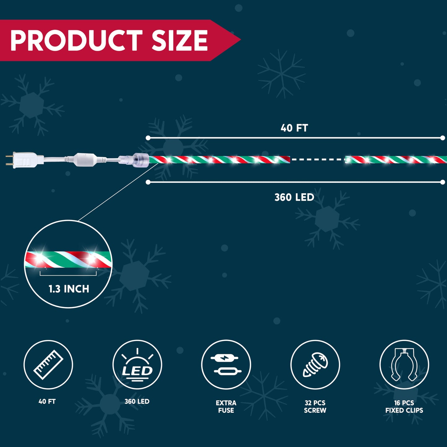 Joiedomi 40Ft Led Candy Cane Rope Lights  Waterproof Outdoor 360 Led Christmas Decor Lights For Garden Yard Party Xmas Christmas Holiday Decorations (Red & Green & Cool White)