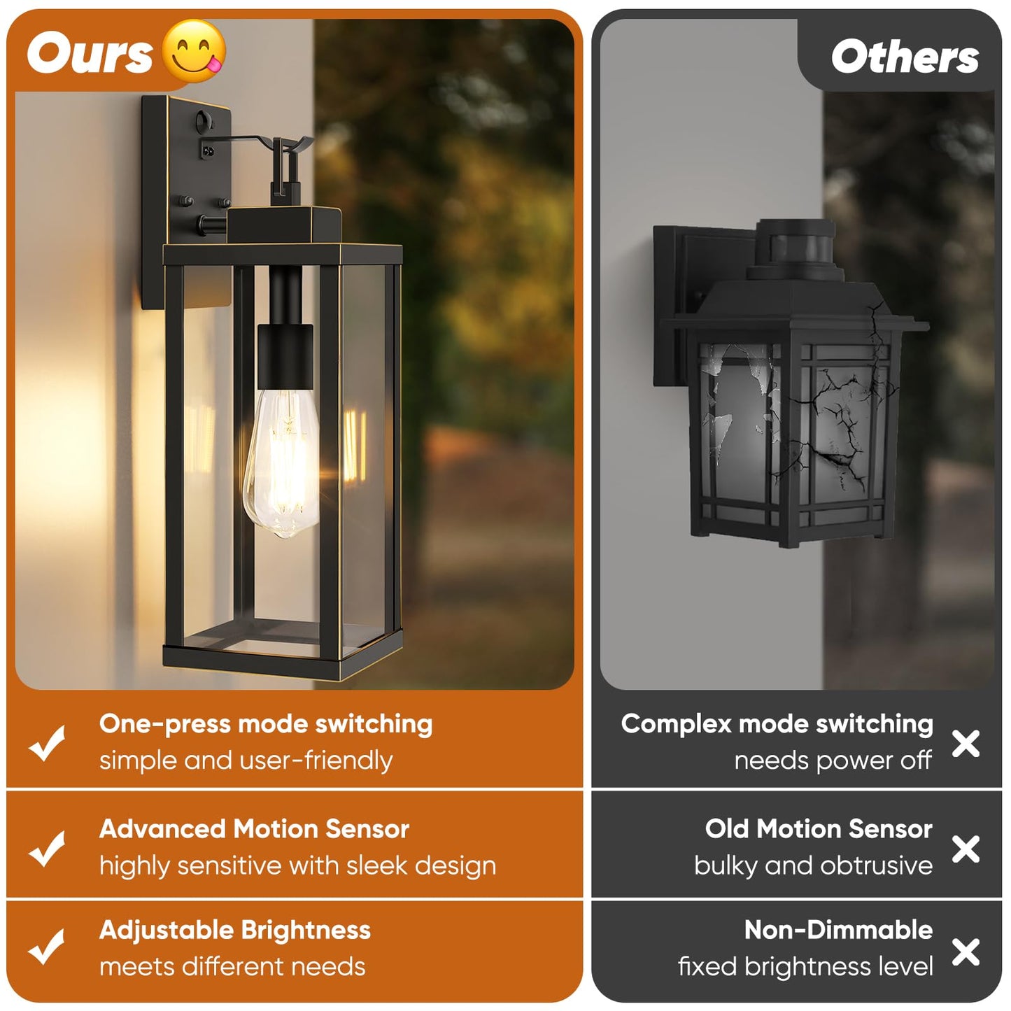 Beslowe 16  Upgraded Motion Sensor Outdoor Wall Lights  Dusk To Dawn Porch Lights Outdoor Wall Sconces  3 Lighting Modes Exterior Lighting Fixtures With Hooks  Bronze Outside Lights For House  2-Pack
