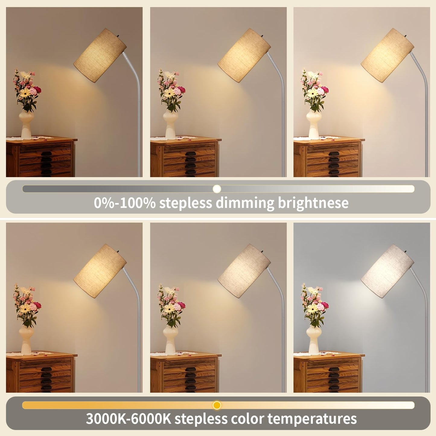 Ldeco Standing Lamp with Remote Control, Adjustable Metal Floor Lamp for Living Room, Bedroom, Office, Beige/Silver, Model JS0002FL