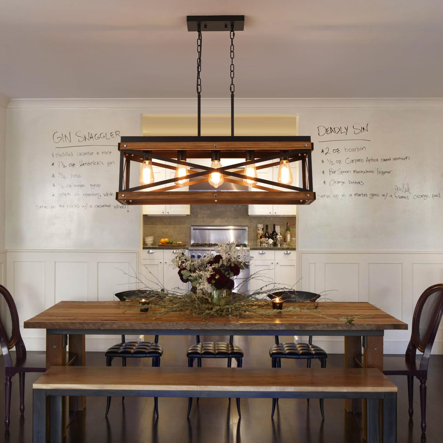 Rustic Farmhouse Wood Kitchen Island Lighting  5 Lights Rectangular Pendant Light Fixture  Adjustable Chain Oak Wood And Metal Linear Chandelier For Dining Room Kitchen Island Farmhouse  Black