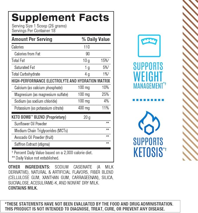 BPI Sports Keto Bomb - Promotes Energy, Hydration and Fat Loss - MCT and Electrolytes - Sugar-Free with Calcium - French Vanilla Latte, 18 Servings