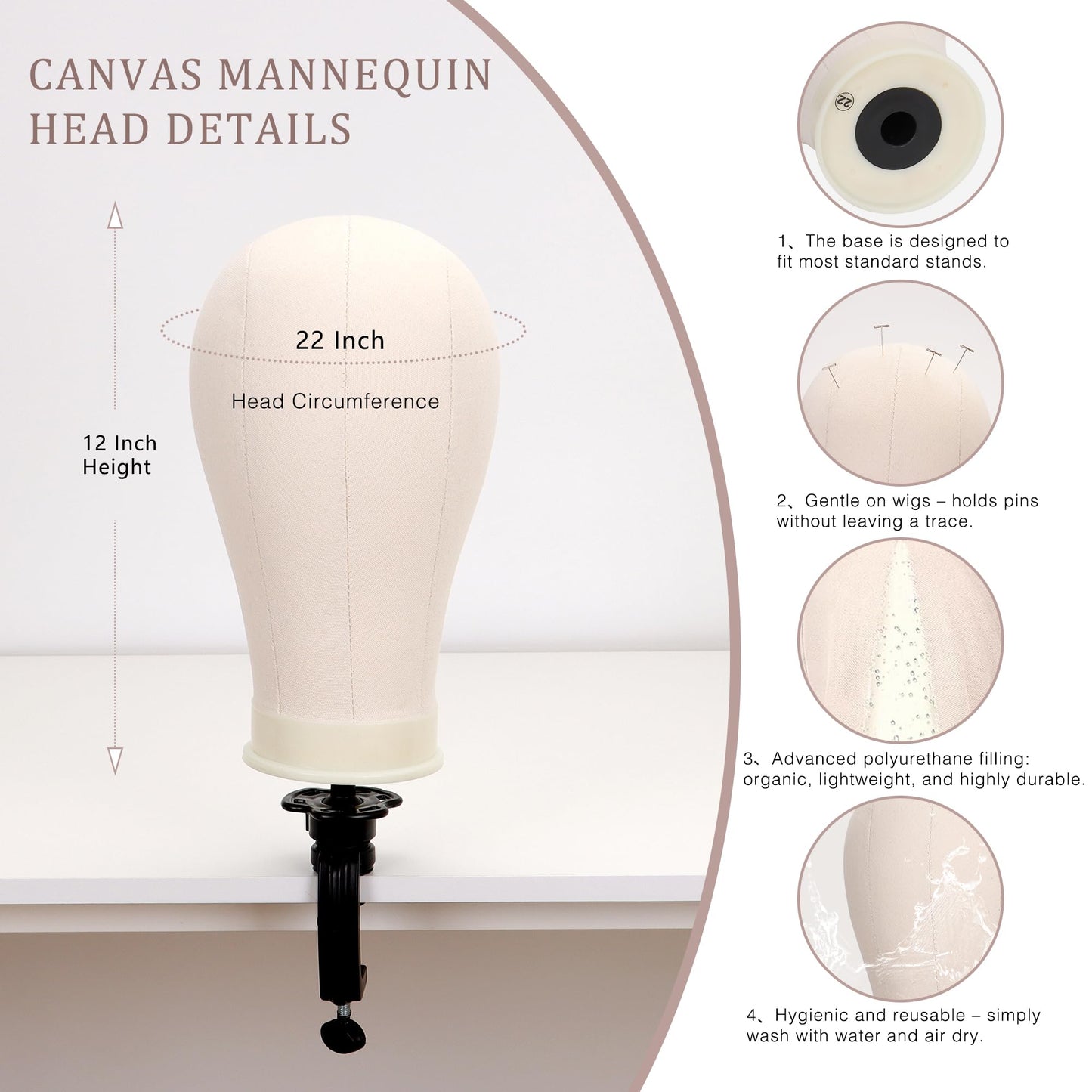 Demides 22'' Canvas Wig Head with 61'' Adjustable Tripod Stand, Mannequin Head Set for Styling, Display - Includes Caps, Elastic