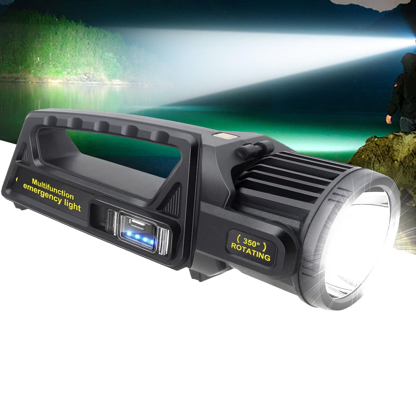 LETOUR Rechargeable LED Spotlight Flashlight, 9 Modes, IPX6 Waterproof, 350? Rotate Head, XX-Large, Model LT-CL012B