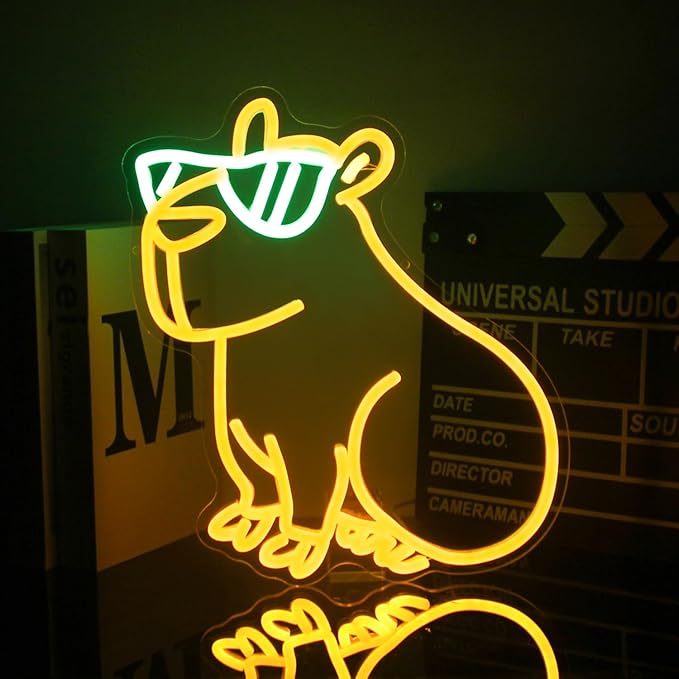 Cool Capybara Neon Sign Cute Animal with Glasses Yellow Green LED Signs for Wall Cartoon Neon Lights for Bedroom Capybara Neon Night Light for Children's Room Party Decor Birthday Gifts