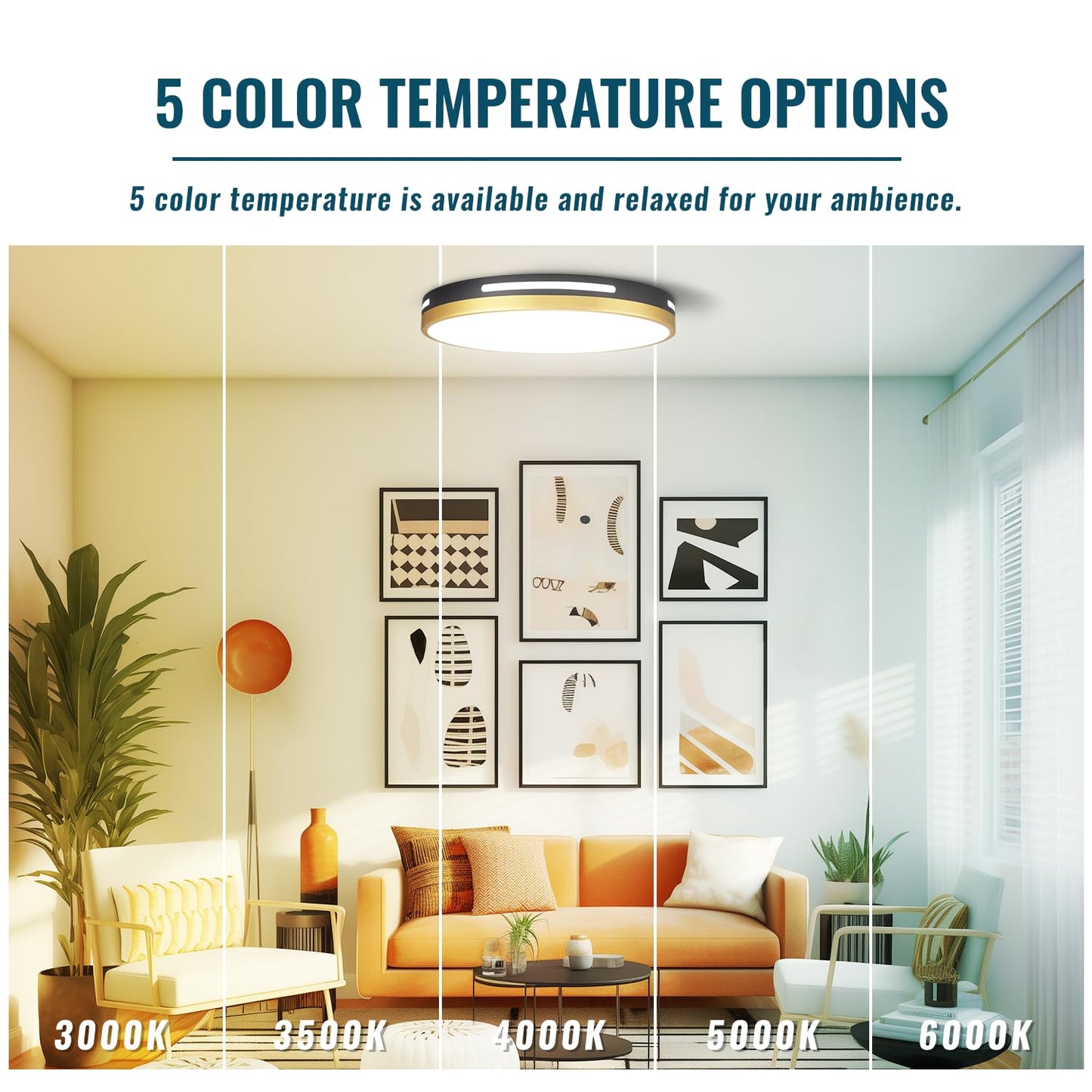 Wheatronic LED Flush Mount Ceiling Light Fixture, 15·36W, Dimmable, Black and Gold, Model C3, 2-Pack
