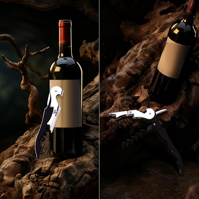 Soft Velvet Touch Waiters Double Hinge Corkscrew Wine Key Bottle Opener，Heavy Duty Waiter Corkscrew, Foil cutter and Bottle Opener,2-pack (2, Black)