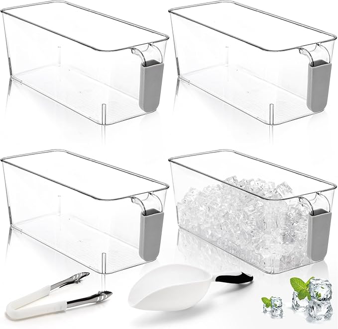 Pumtus 4 Pack Clear Ice Bins for Freezer, Plastic Ice Bucket with Flexible Scoop & Ice Tong, Pull Out Handle Ice Containe...