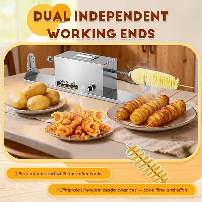 CGOLDENWALL Spiral Potato Cutter 3-in-1 Electric Tornado Potato Slicer for Curly Fries/Twist Hot Dog, Dual-Station Cutting, Automatic Potato Twister, Vegetable Cutting Machine for Home Commercial Use