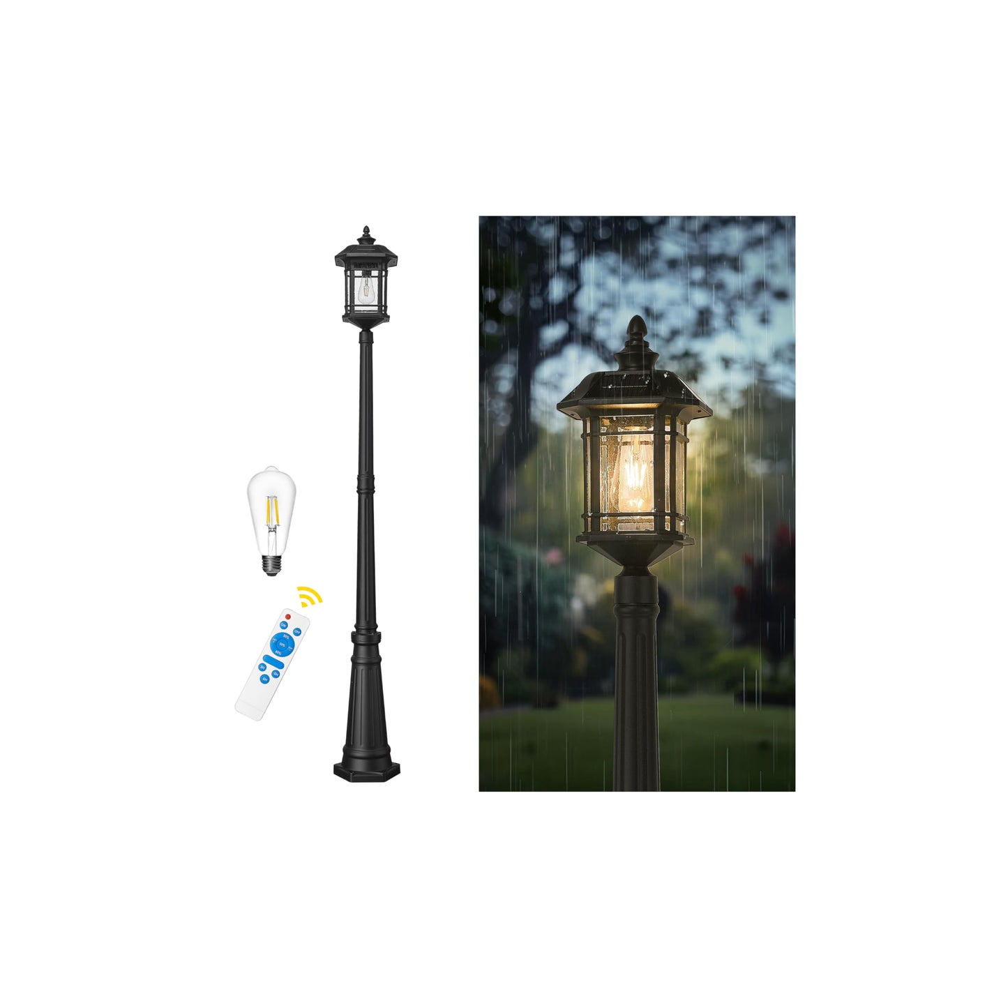 Emliviar 82in Solar Street Lamp, LED Dusk to Dawn Outdoor Light, Aluminum, Waterproof, Remote Control, Model A2202110PL-SL BK