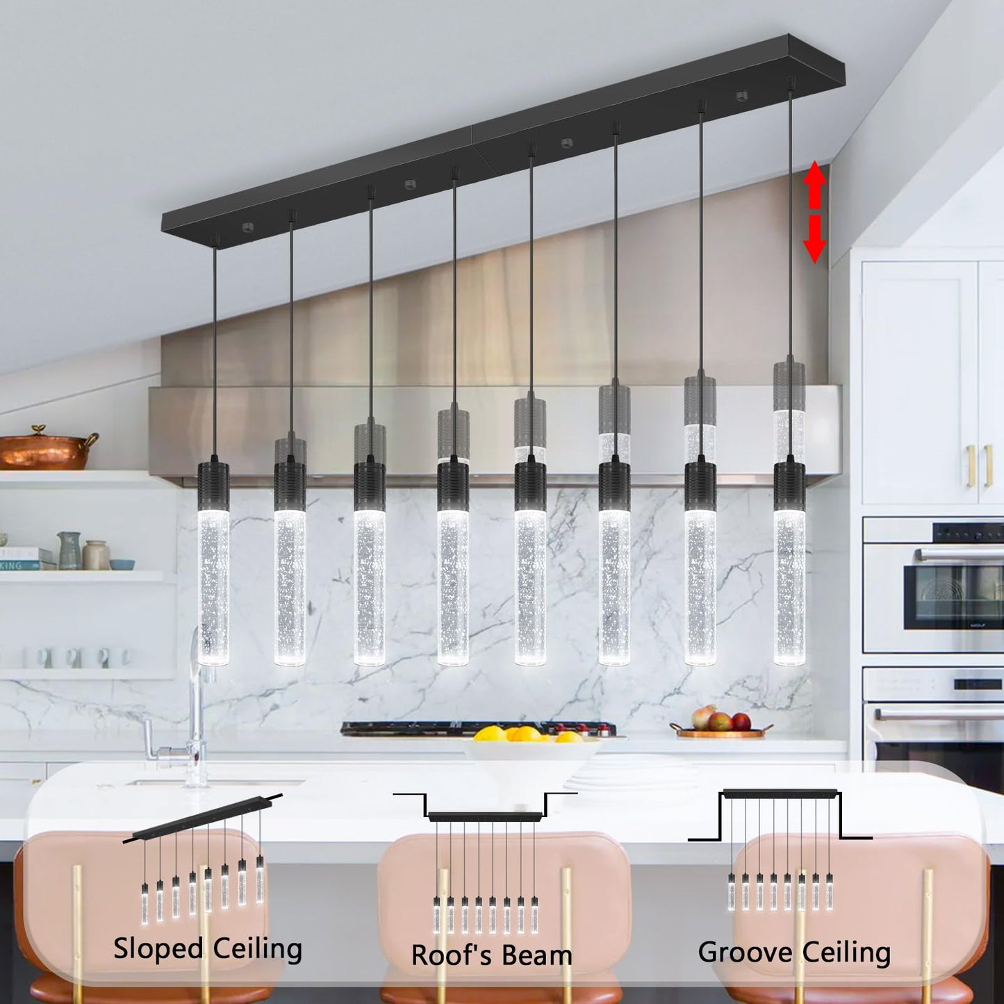 Dolria 8-Lights Modern Crystal Chandeliers For Kitchen Island Pendants Lighting Fixture For Dining Room Led Ceiling Light For Hallway Foyer 6000K Black