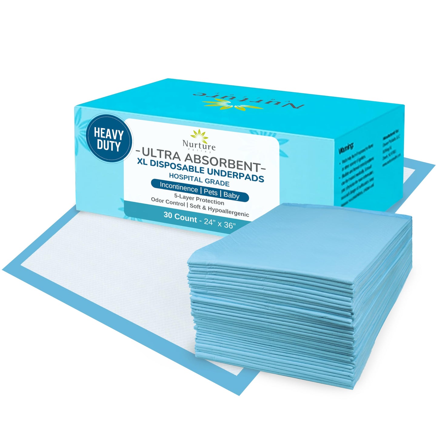 30 Heavy Duty 24 x 36 Ultra Absorbent Bed Pads by Nurture | Waterproof Disposable Chux Liners, Underpads, Adult Incontinence Chucks | Hospital Grade