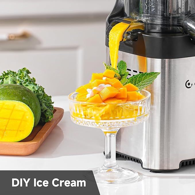 AMZCHEF Cold Press Juicer, 4.5" Juicer Machines with Large Feed Chute for Whole Fruits & Vegetables, Stainless Steel Juice Extractor with Large Auger, Dual Strainers, Easy Cleanup & Assembly