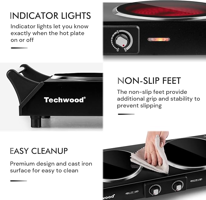 Hot Plate, Techwood 1800W Electric Stove, Countertop Double Burners for Cooking, Infrared Ceramic Dual Cooktops, Brushed Stainless Steel, Black