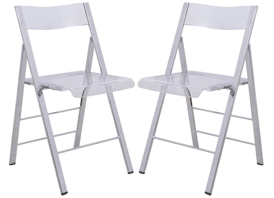 LeisureMod Transparent Acrylic Folding Chair, Lightweight Iron Chrome Base, Comfortable Clear Desk Chair, No Assembly Needed (Set of 2) in Clear