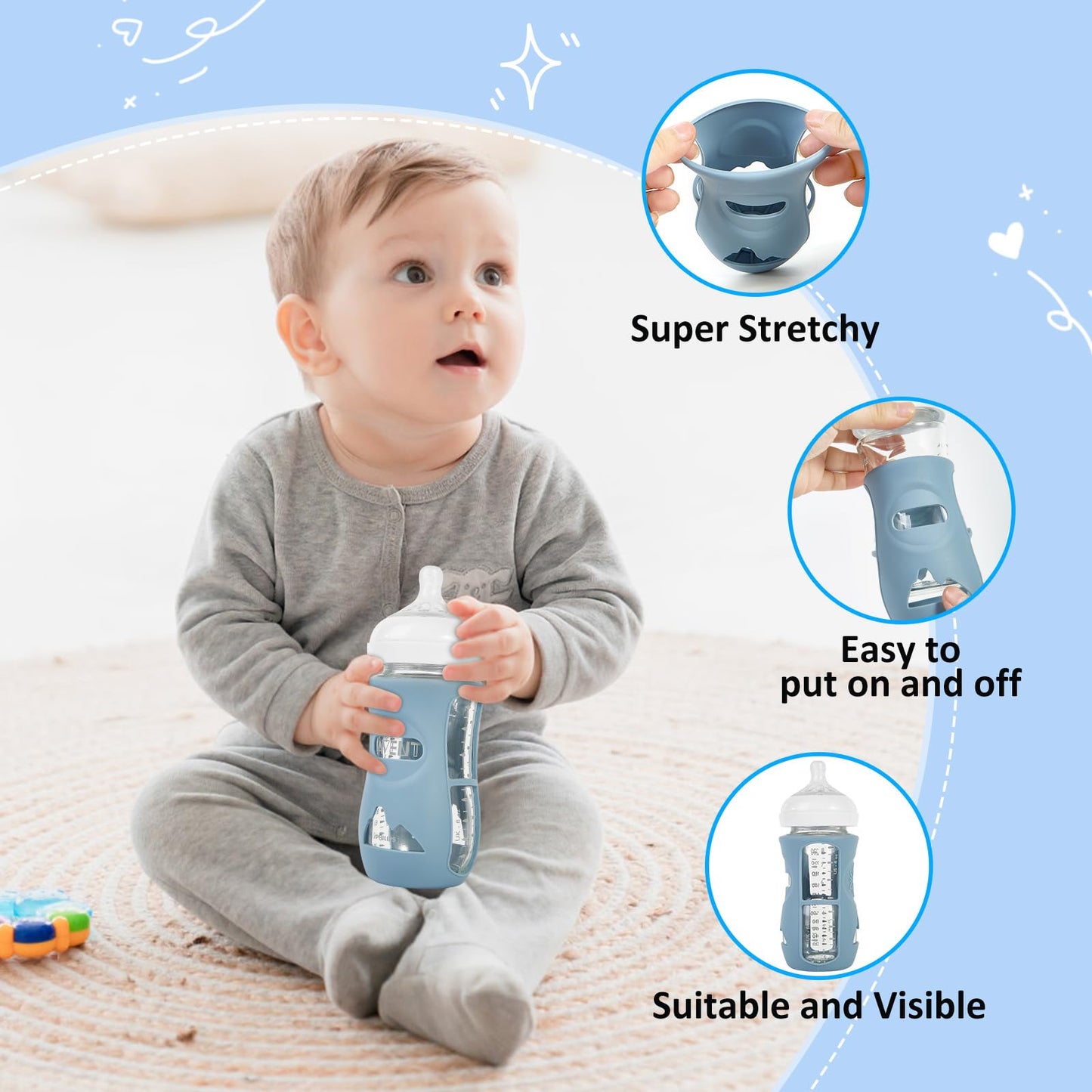 MINMUNJIU 3 Pack Silicone Sleeves for Philips Avent Natural Glass Baby Bottles, Anti Breakage Baby Bottle Holder for Baby Boys, Compatible with Philips Avent Glass Natural Baby Bottle, 8oz
