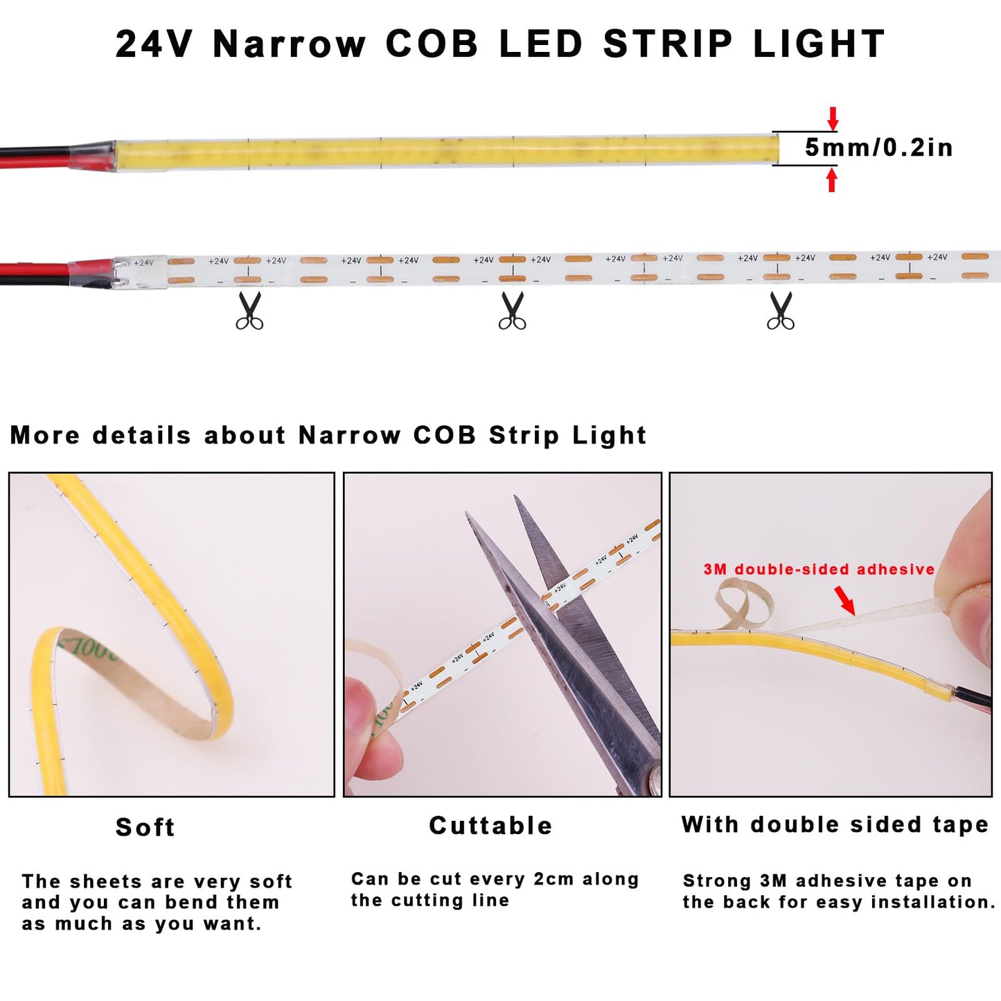 Topai 24V Thin 5Mm Cob Led Strip Waterproof 4000K Natural White 16.4Ft Bright 4000Lm Cri>90 Uniform Dotless 400Leds/M Self Adhesive Flexible Cuttable For Diy  Bedroom  Under Cabinet Lighting