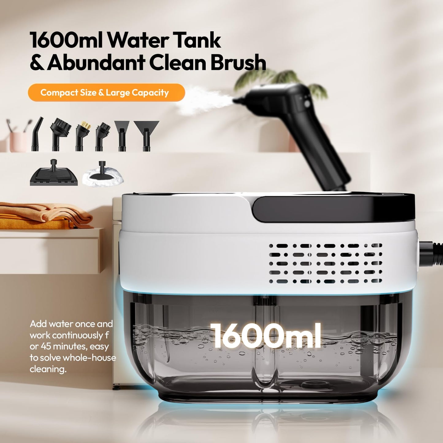 Steam Cleaner For Home, 2500W Steam Cleaner, High Pressure Steamer For Cleaning, 1.6L Water Tank, 3 Level Steam Control, High He