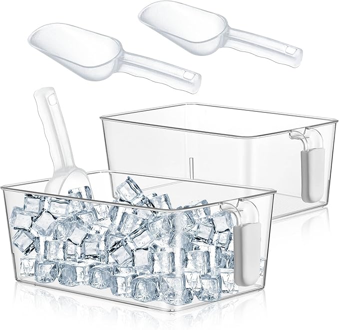 Havawish 2 Set Ice Bin and Flexible Scoop Set Plastic Freezer Ice Bin with Pull out Handle Clear Storage Bucket for Contai...