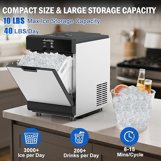 Nugget Ice Maker Countertop 40 LBS/Day, 10 LBS ice Bin, Soft Chewable Pellet Ice Maker Machine Stainless Steel, Countertop Commercial Ice Machine Nugget for Home Bar Kitchen Office, Self-Cleaning