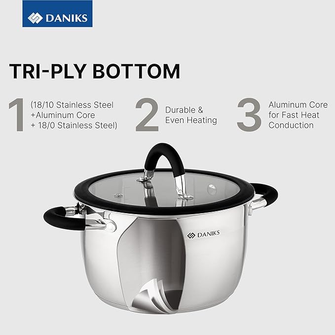 Daniks Orlando 10-Piece Stainless Steel Induction Cookware Set – Dishwasher Safe Saucepan, Pots with Heatproof Handles, Glass Lids, Measuring Scale, Silver
