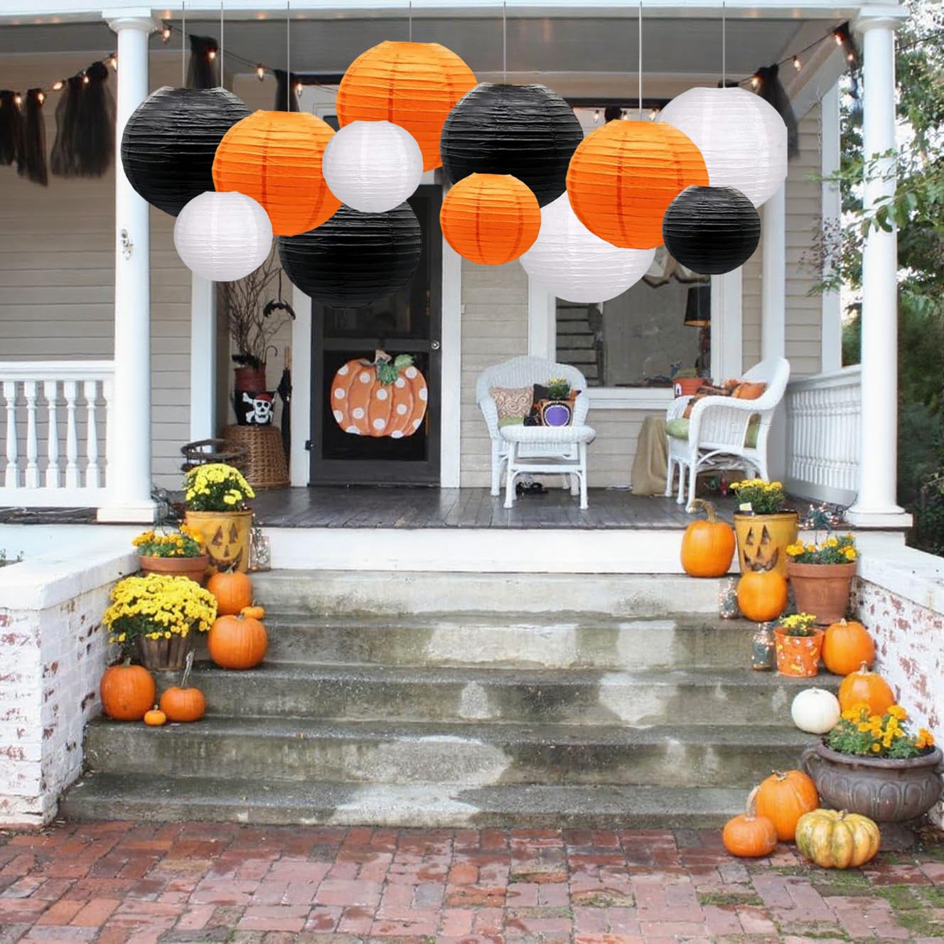 Capesaro Orange Black White Paper Lanterns Decorative 12Pcs Halloween Hanging Decorations For Graduation Thanksgiving Birthday Party Decorations