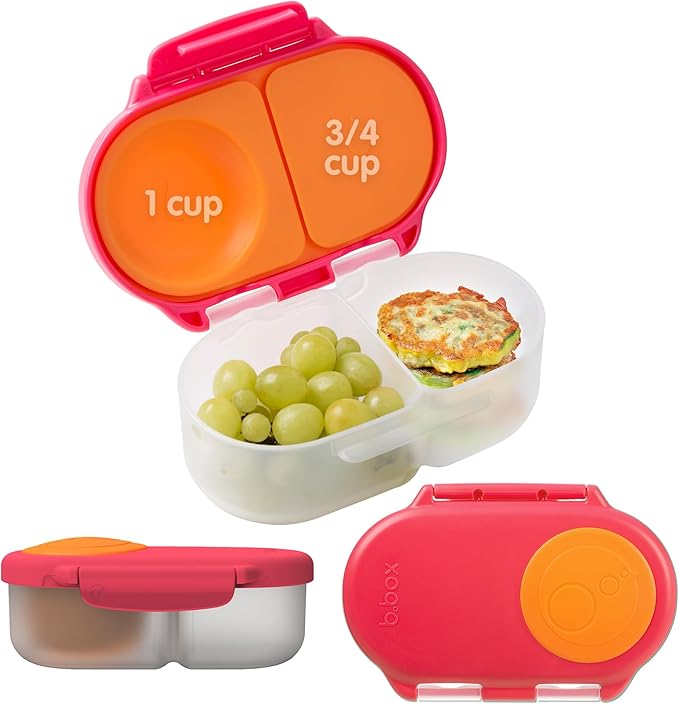b.box Snack Box for Kids & Toddlers: 2 Compartment Snack Containers, Mini Bento Box, Lunch Box. Leak Proof, BPA free, Dishwasher safe. School Supplies. Ages 4 months+ (Strawberry Shake, 12oz capacity)