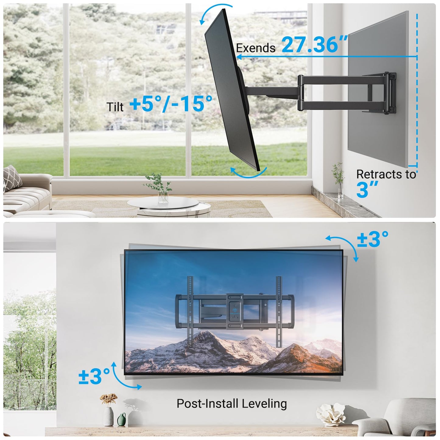 PERLESMITH Long Arm TV Wall Mount Full Motion for 37-75 inch TVs, Corner TV Mount Bracket with 27.36-inch Articulating Long Extension Arm, Swivel&Tilt, Max VESA 600x400mm up to 110lbs, 16" Wood Stud