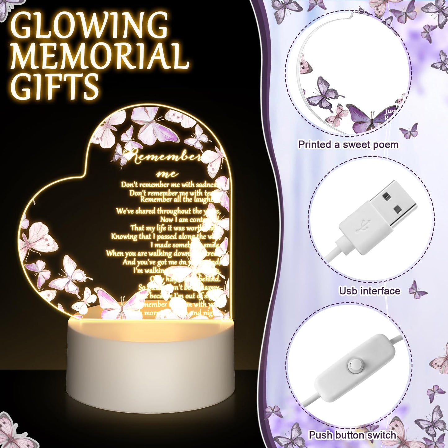 Coume Memorial Gift Night Light Clear Crystal Acrylic Heart Sympathy Gifts Sign Led Light Remembrance Bereavement Decor Condolence Present For Loss Of Loved One(Purple Butterfly Style)