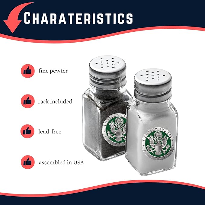 Heritage Pewter Army Salt and Pepper Shaker Set of 2 Bottles | Expertly Crafted Pewter Glass
