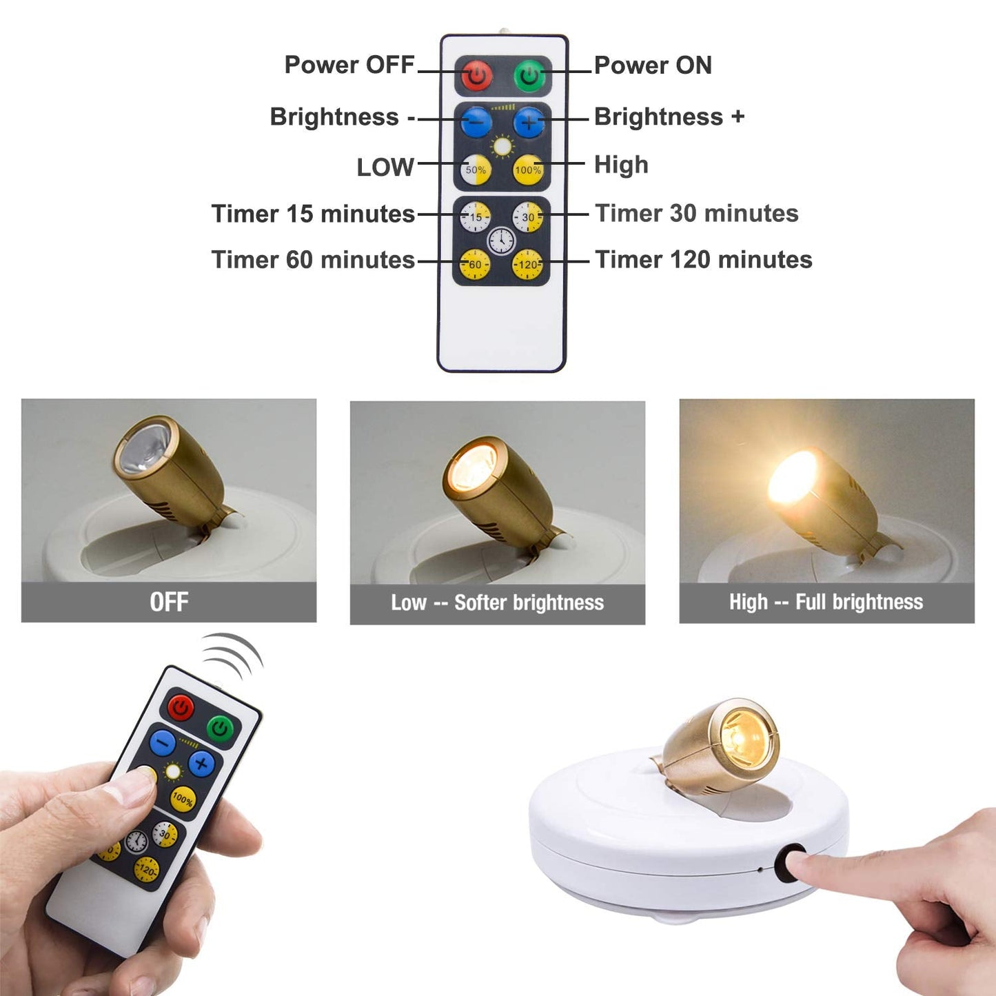 BIGLIGHT LED Puck Light, Dimmable Uplight with Remote, Warm White, Model B624IR-2, 2 Pack