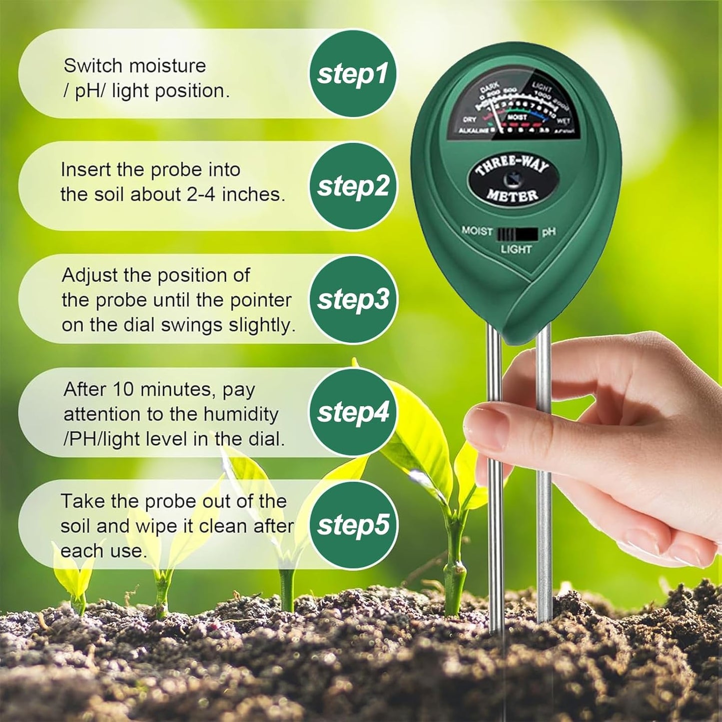 2 Pack Soil Tester, 3-in-1 Plant Moisture Meter Light and PH Tester Garden Lawn Farm, Indoor and Outdoor Use, Soil Test Kit Acidity Water