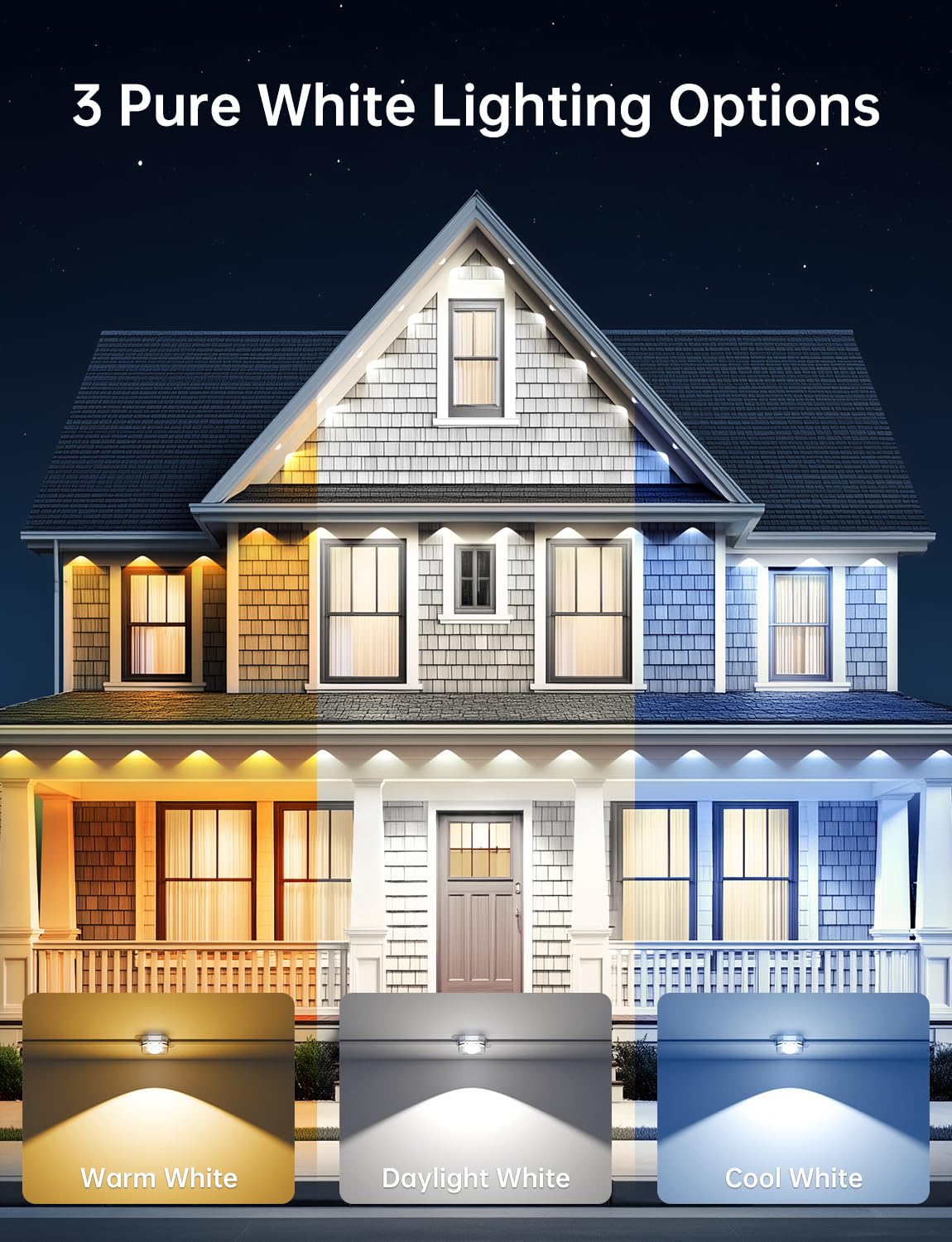 lemonlovely Permanent Outdoor Lights, 50ft, 25 Smart IC+RGB+CW LEDs, Waterproof, White, Model 2323, App/Remote Control