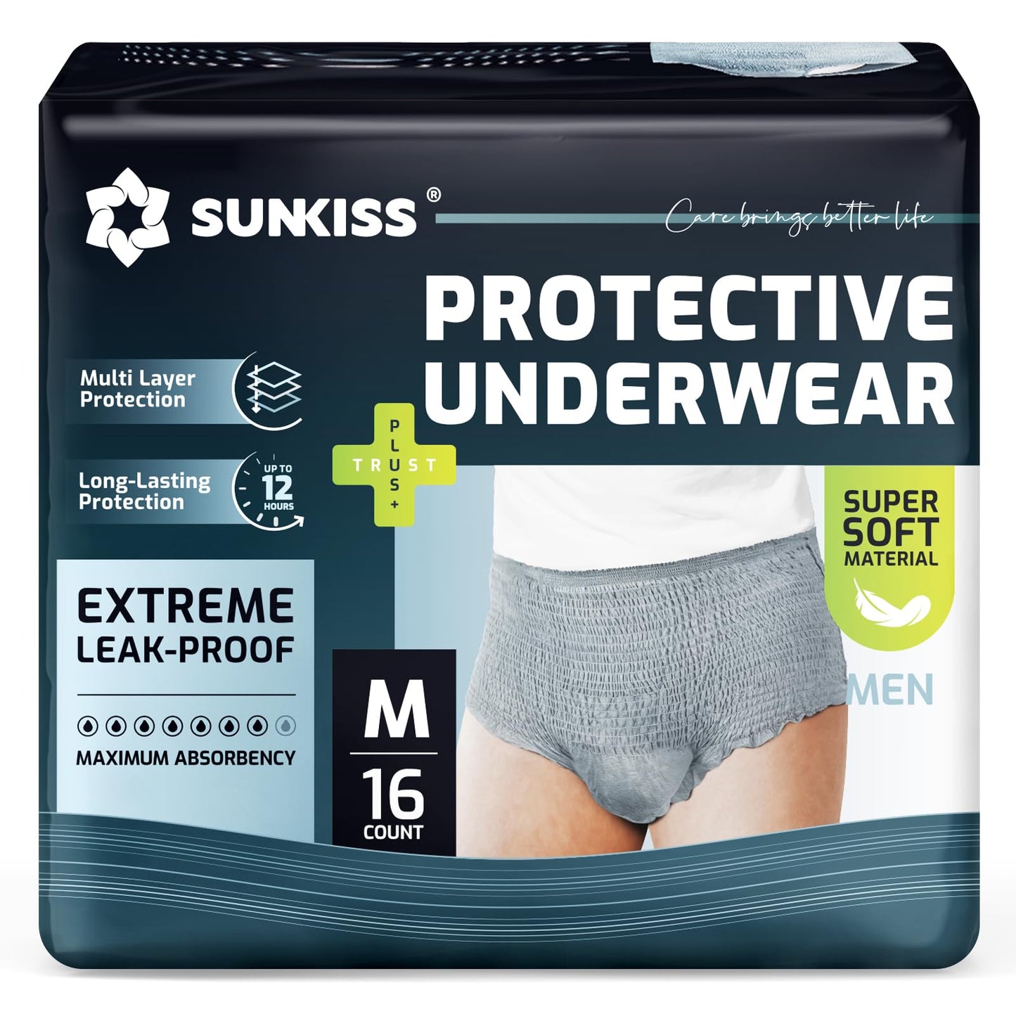 SUNKISS Incontinence Underwear for Men, Daytime Disposable Adult Pull Ups,Mens Protective Briefs with Maximum Absorbency, Medium, Grey, 16 Count