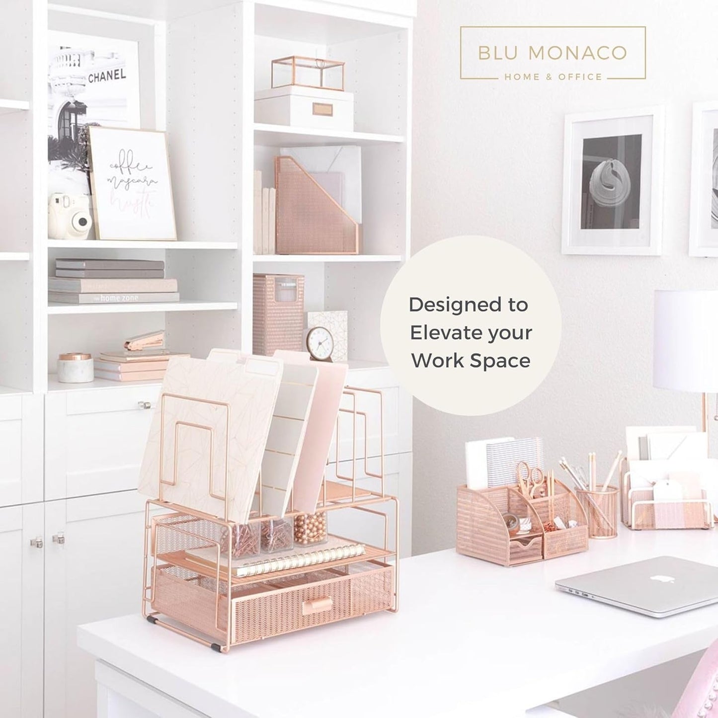 BLU MONACO Rose Gold Desk Organizer with File Sorters & Drawer – Workspace Storage Rack for Office Supplies, Paper & Folders