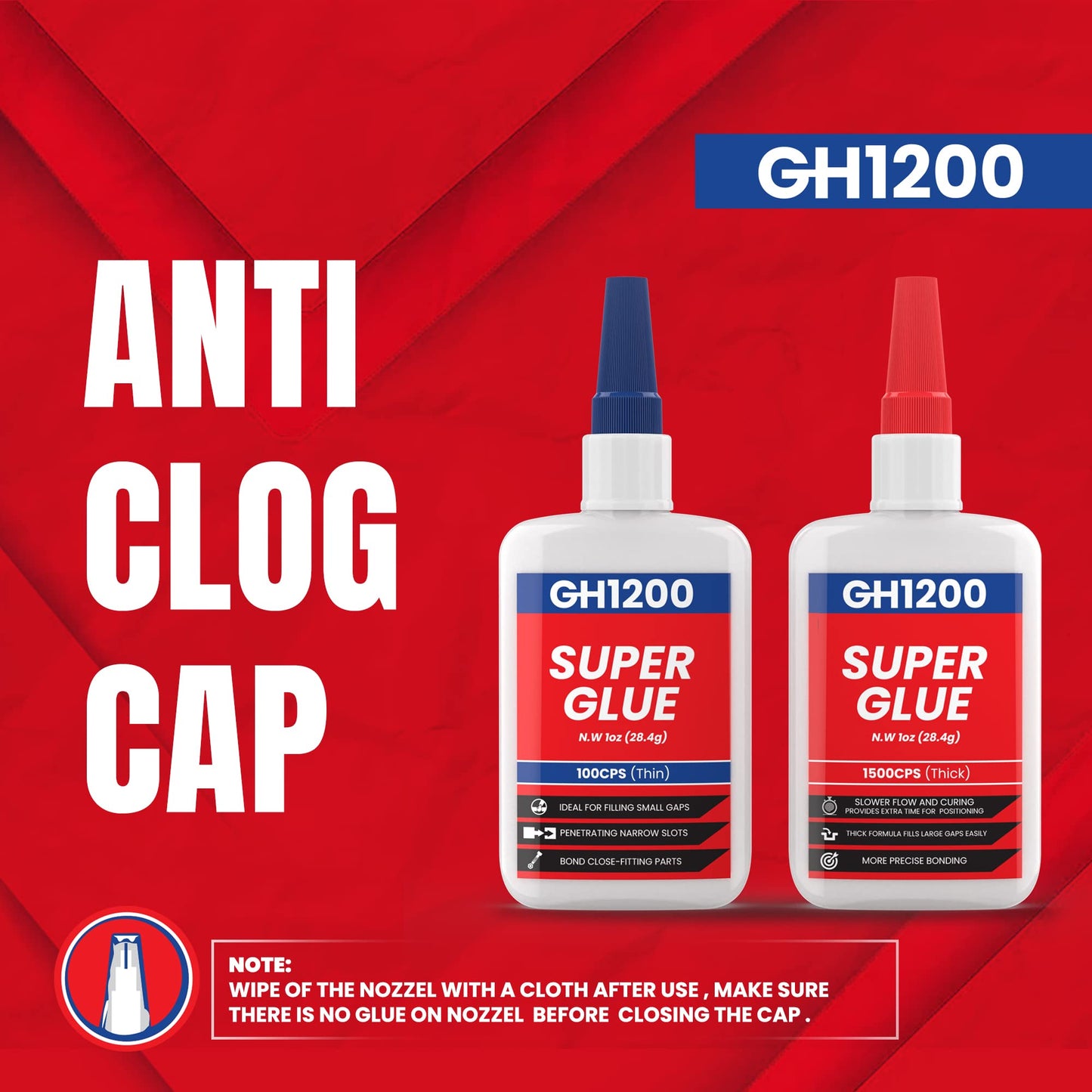 GH1200 57 Grams (2 oz) 100/1500 CPS (Thin/Thick) Super Glue All Purpose with Anti Clog Cap. Ca Glue - Adhesive SuperGlue. Cyanoacrylate Glue for Hard Plastics, DIY Craft, Metal 1 Oz Each