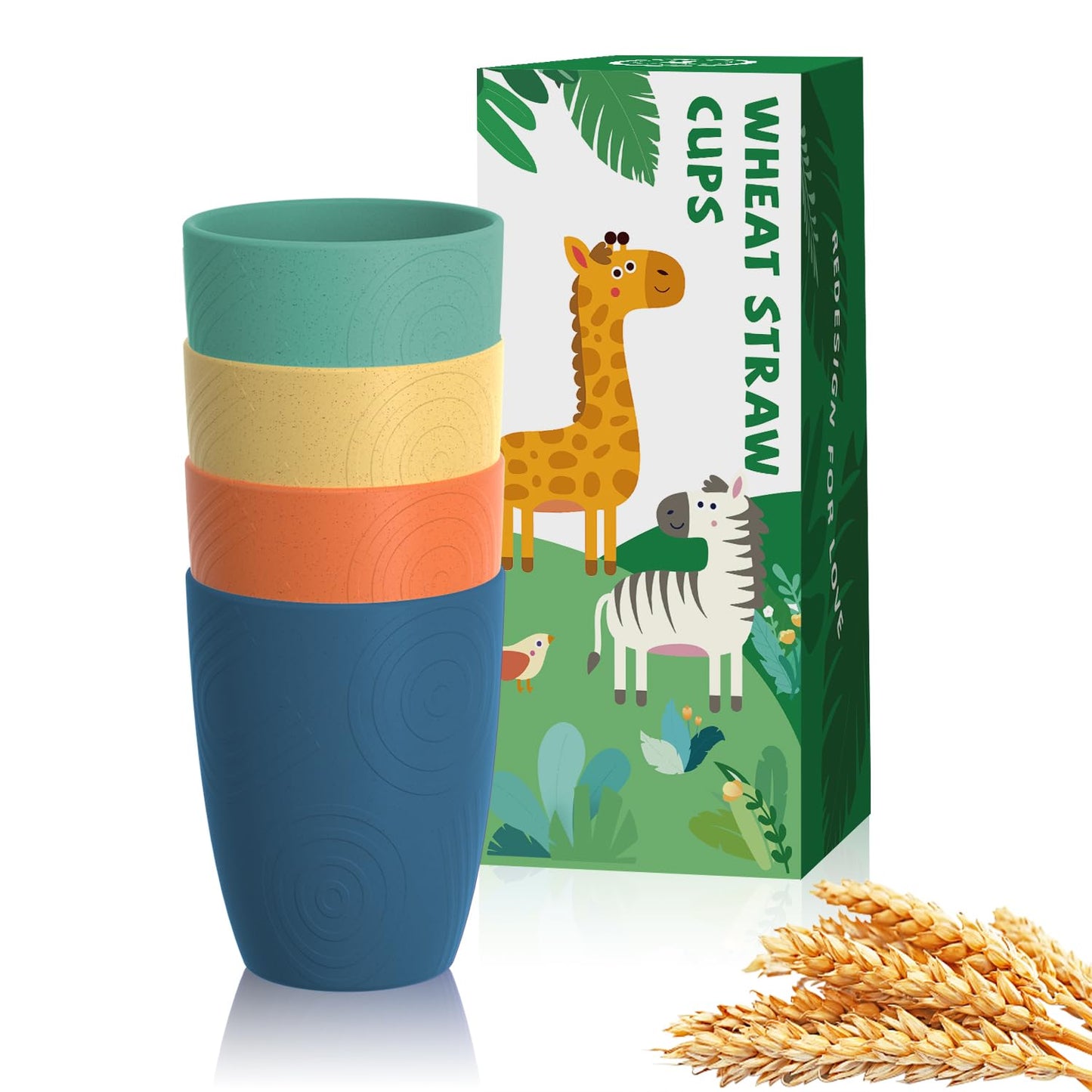 Homienly Wheat Straw Cups Alternative to Plastic Cups Set of 4 Premium Drinking Glasses - 12 OZ, Unbreakable Drinking Cups, Dishwasher & Microwave Safe Tumbler Cups for Kitchen, Kids, Picnic - Multi