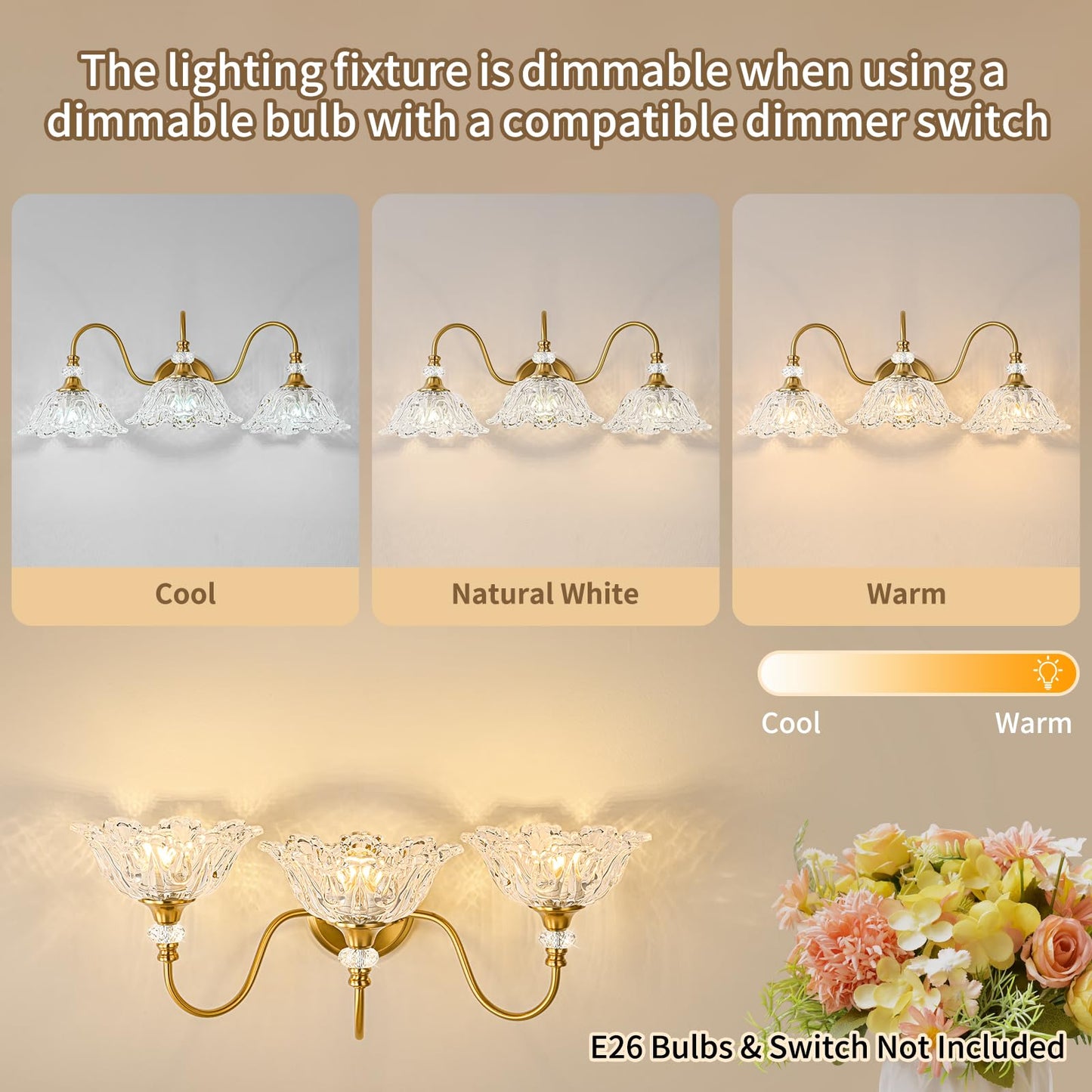 Sunkryster Gold Bathroom Vanity Light  3-Light Brushed Gold Finish Vanity Light With Floral Clear Glass Shades  Retro Wall Mount Lighting For Bathroom  Dressing Table