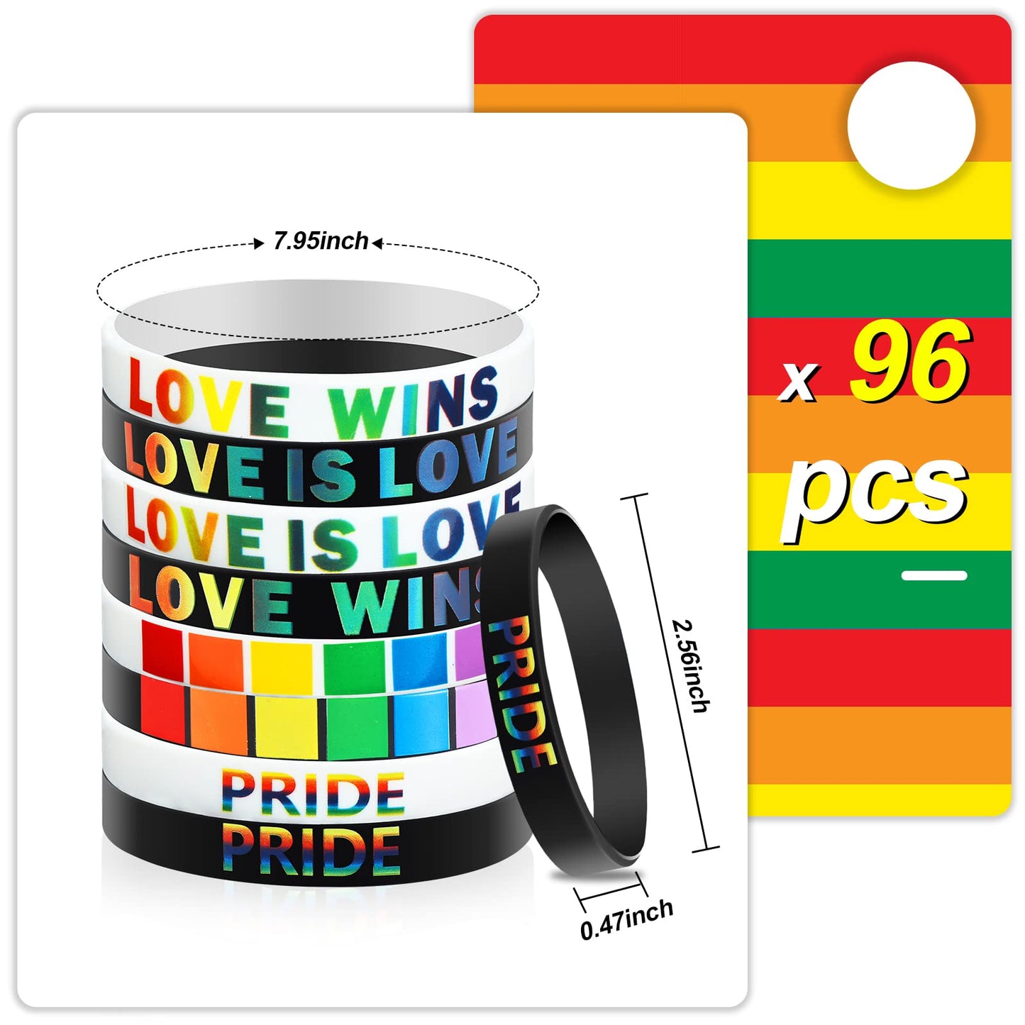 Karenhi 96 Pieces Pride Bracelets bulk LGBT Rainbow Silicone Wristbands Rubber Lesbian Gay Motivational Bracelets for Parades Fe