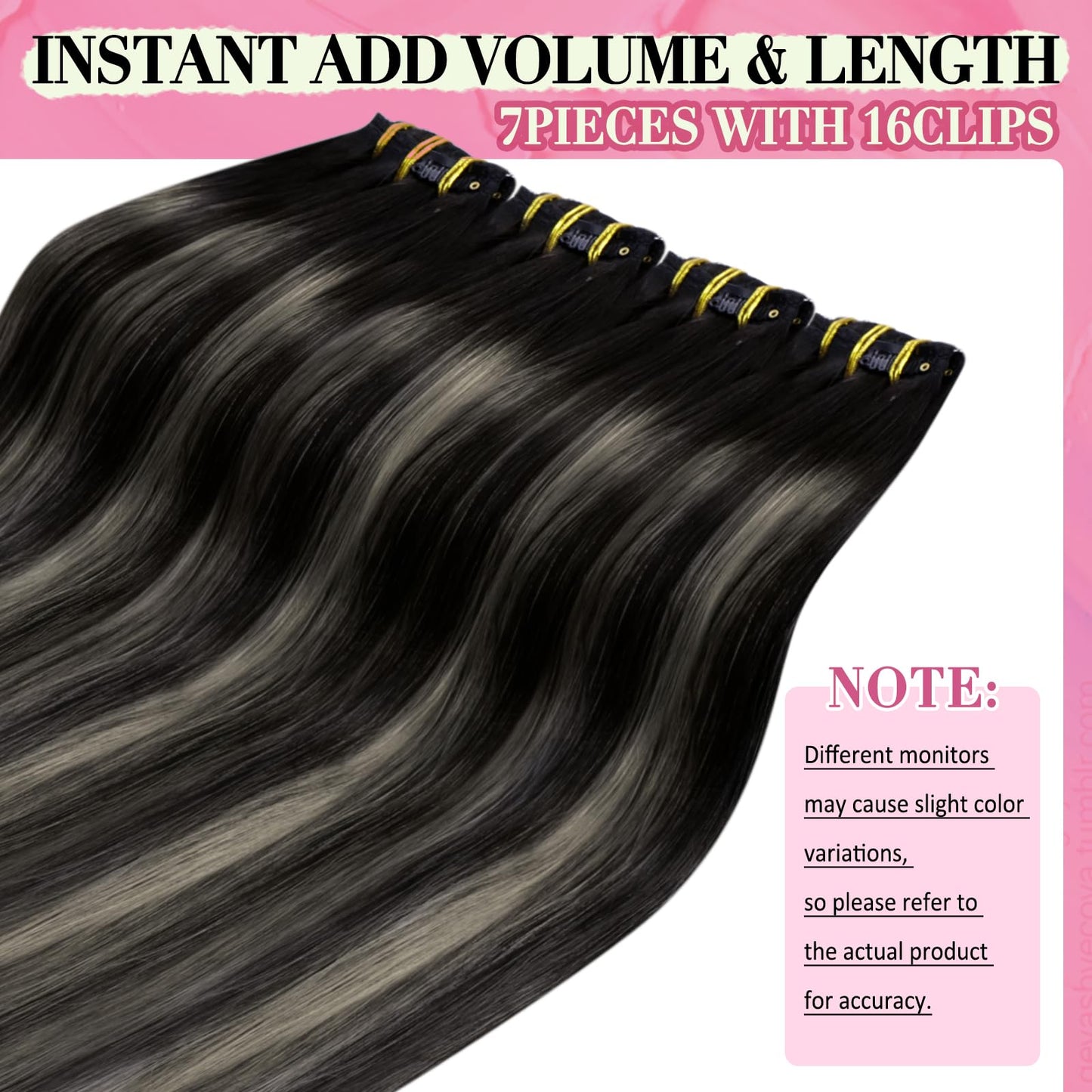 YoungSee Clip in Human Hair Extensions Ombre Clip on Hair Extensions Human Hair Blend of Black and Silver with Black Roots Thick
