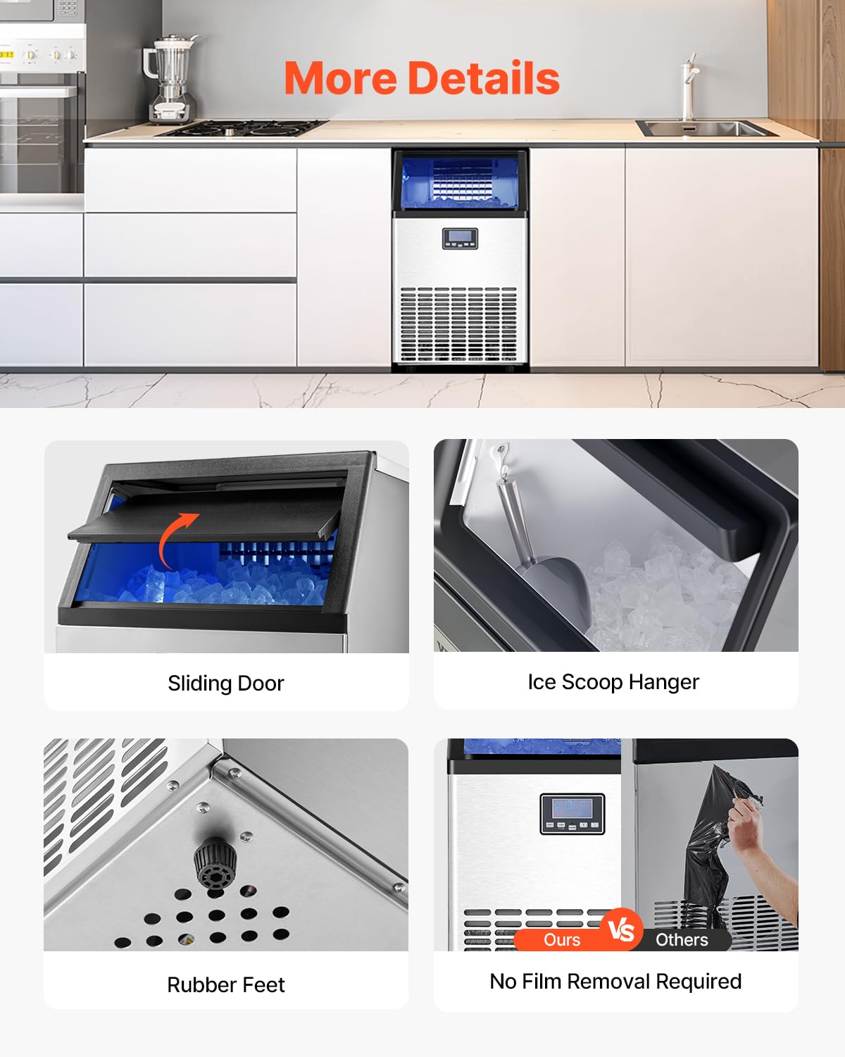 VEVOR Commercial Ice Maker Machine with 2 Water Inlets, 100lbs/24H Ice Maker with 33lbs Storage Bin, 45 Ice Cubes in 15 Mins, LED Digital Display Freestanding & Self-Cleaning for Bar Office Restaurant