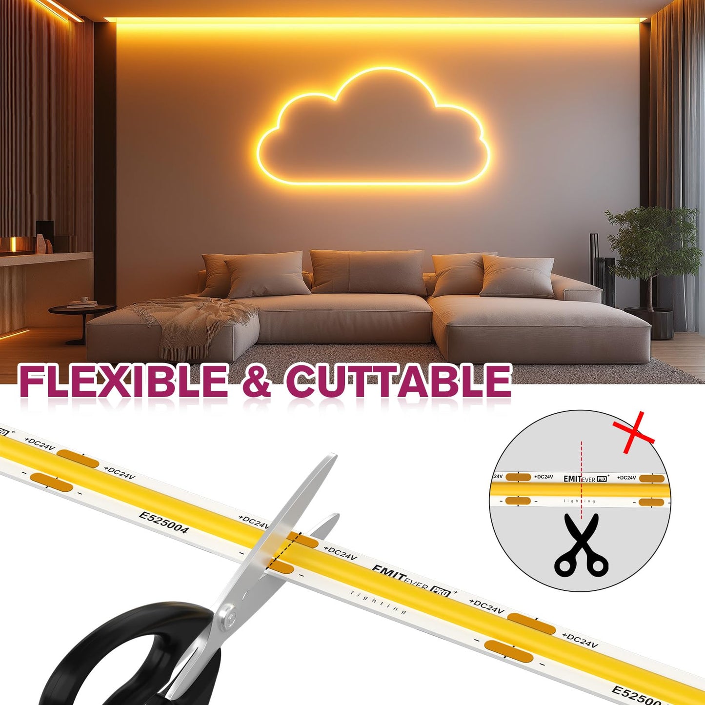 EMITEVER COB LED Strip Lights Warm White, 2700K Tape Light Premium High Density, DC 24V, 400+Lumens/ft, 5120LEDs/Spool, Ra 90+, 32.8ft/10m,UL Listed 5 Year After-Service(Power Supply Sold Separately)