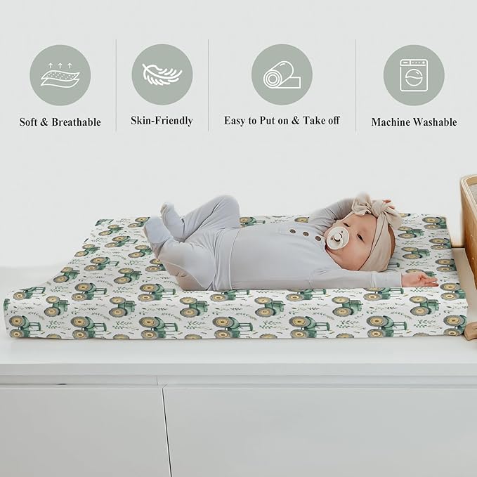 Watercolor Green Tractors Baby Changing Pad Covers for Boy Girl Farm Tractors Boho Leaves Fitted Change Table Mats Farm Life Soft Diaper Change Table Cover Sheets for 32''×16'' Contoured Pad