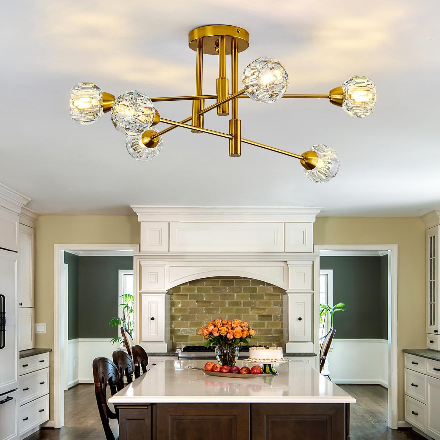 Szxykeji 6-Lights Glass Sputnik Chandelier Vintage Flush Mount Ceiling Light Fixture Gold Farmhouse Lighting For Dining Room Living Room Bedroom Kitchen Passageway.
