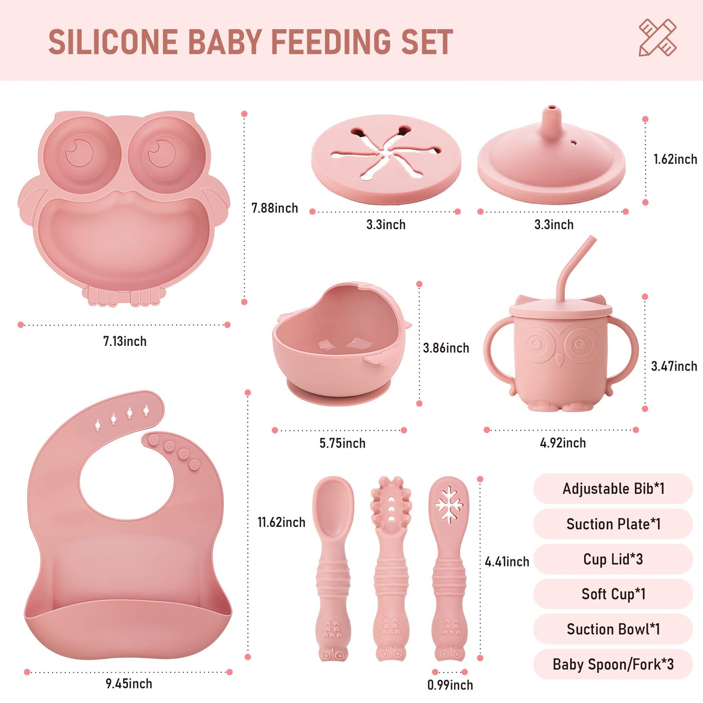 Bnditeu Baby Weaning Set - Silicone Toddler Feeding Set (10 Pcs) with Adjustable Bib, Suction Bowl, Plate, Fork, Spoon, Water & Snack Cup Kit - Baby Led Weaning Kit
