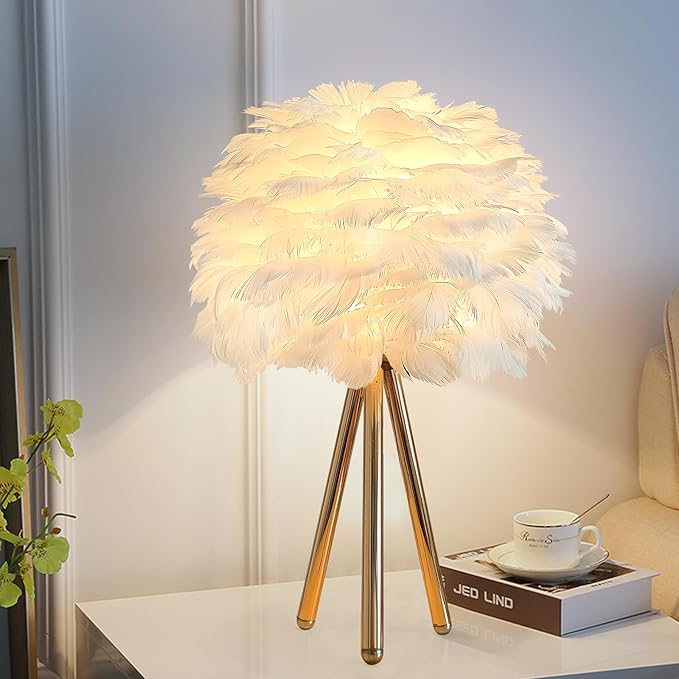 ZYLEIESENBAO White Feather Lamp Furry Table Lamp H16'' Modern Princess Feather Desk Lamp Tripod Fluffy Bedside Nightstand Light for Bedroom Wedding Atmosphere Girl Gift Living Room Retaurant Entryway